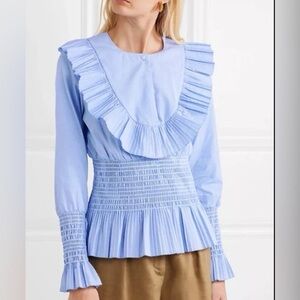 Tory Burch Light Blue Pleated Ruffle Smocked Blouse size 0